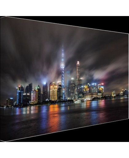 Shanghai cityscape 's nachts Canvas 80x60 cm - Foto print op Canvas schilderij (Wanddecoratie)