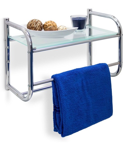 relaxdays handdoekhouder met plateau uit glas, handdoekrek, plankje, 2 stangen
