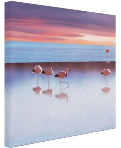 Flamingos bij zonsondergang Canvas 80x60 cm - Foto print op Canvas schilderij (Wanddecoratie)