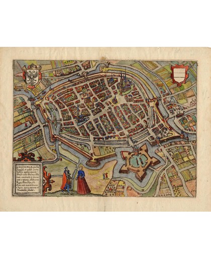 Mooie historische plattegrond, kaart van de stad Groningen, door L. Guicciardini in 1582