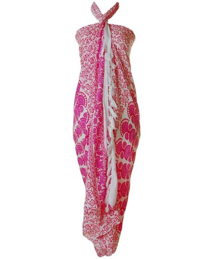 Sarong premium hamamdoek in de kleuren wit roze bloememmotief lengte 115 cm breedte 165 cm uit Bali.