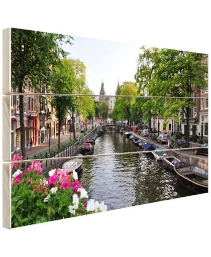 Zomerse gracht in Amsterdam Hout 60x40 cm - Foto print op Hout (Wanddecoratie)
