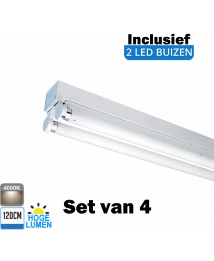LED Buis armatuur 120cm - Dubbel | Inclusief Hoge Lumen LED buizen - 4000K- Koel Wit (Set van 4 stuks)