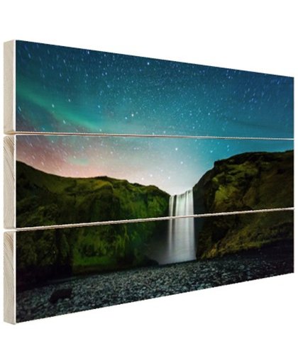 IJslandse waterval bij nacht Hout 60x40 cm - Foto print op Hout (Wanddecoratie)