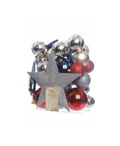 Kerstboom decoratie kerstballen set zilver/rood/blauw 33 stuks