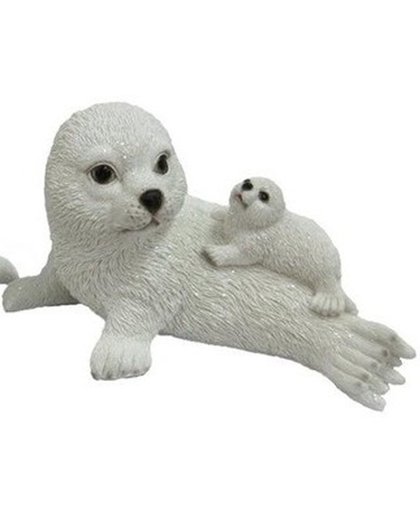 Dierenbeelden witte zeehond met pup op moeder - Decoratie beeldje zeehond met jong 27 cm