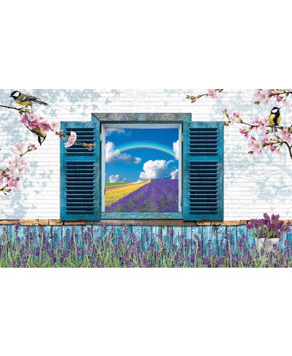 Fotobehang Window Flowers Lavender Field Rainbow | M - 104cm x 70.5cm | 130g/m2 Vlies