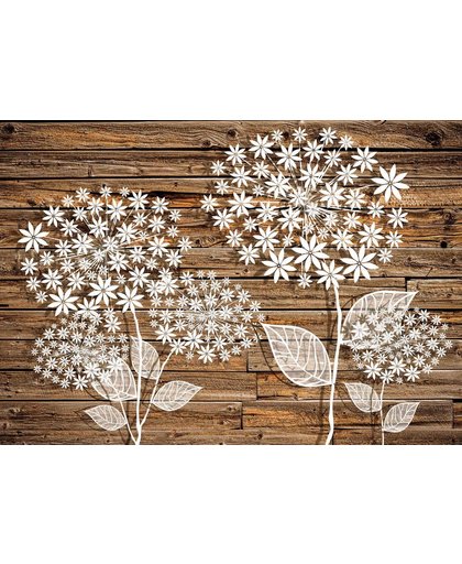 Fotobehang Flowers Wooden Board | XXL - 312cm x 219cm | 130g/m2 Vlies