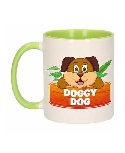 1x doggy dog beker / mok - groen met wit - 300 ml keramiek - honden bekers