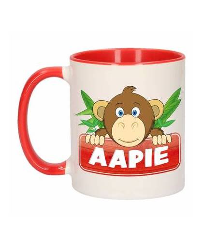 1x aapie beker / mok - rood met wit - 300 ml keramiek - apen bekers
