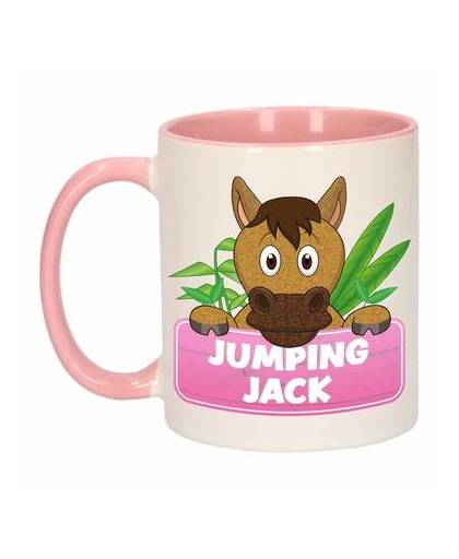 1x jumping jack beker / mok - roze met wit - 300 ml keramiek - paarden bekers