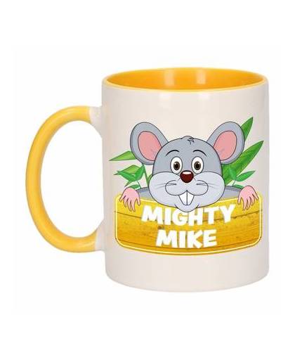 1x mighty mike beker / mok - geel met wit - 300 ml keramiek - muizen bekers