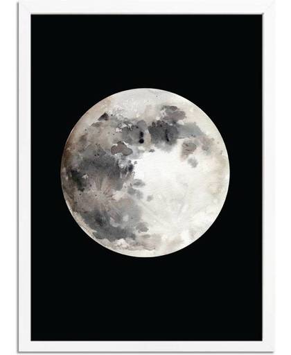 Poster Maan Waterverf stijl DesignClaud - Zwart - Maanstand 3 - A4 + Fotolijst wit