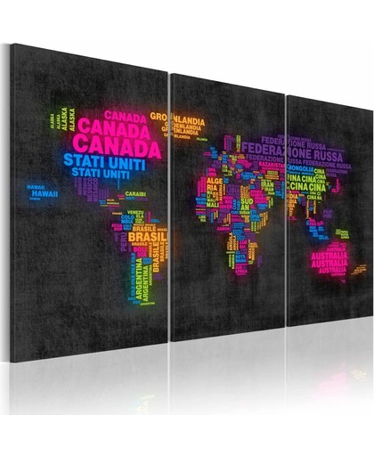 Schilderij - De kaart van de Wereld - Italiaanse namen van landen - Drieluik