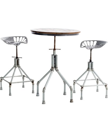 Clp Zitgroep PIPE, metalen set met tafel rond Ø 70 cm en 2x barkruk in industriële vintage look, in hoogte verstelbaar materiaalmix hout & metaal - zilver