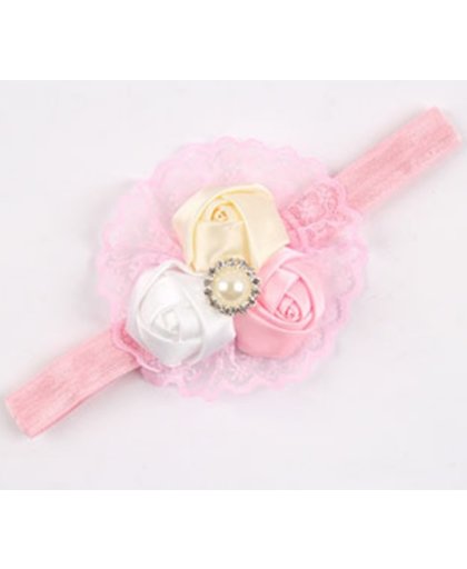 Wit, Roze en Crème  bloemetjes Baby Haarband - Hoofdband - Haarstrikje - Haar Strikje - Baby Haar Accessoires - Haarclips
