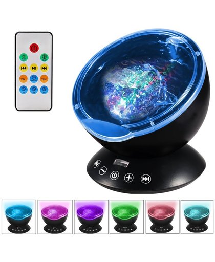 2W 12 LEDs USB Charge Hypnosis Ocean Wave Projector LED Night Light Novelty Atmosphere Lamp with Remote Control & 7 Light Modes  Support TF Card / Audio Input  Built-in 4 Hypnosis Music  DC 5V(Black)