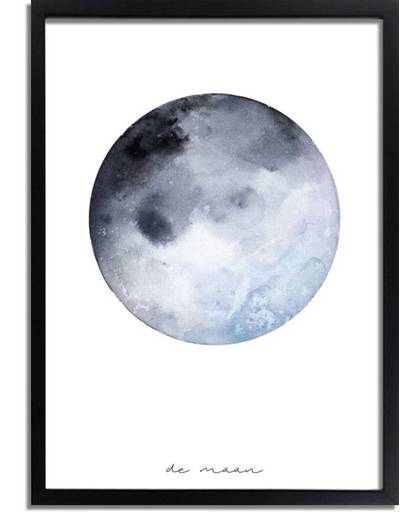 Poster Maan Waterverf stijl DesignClaud - Grijs blauw - A2 + Fotolijst zwart