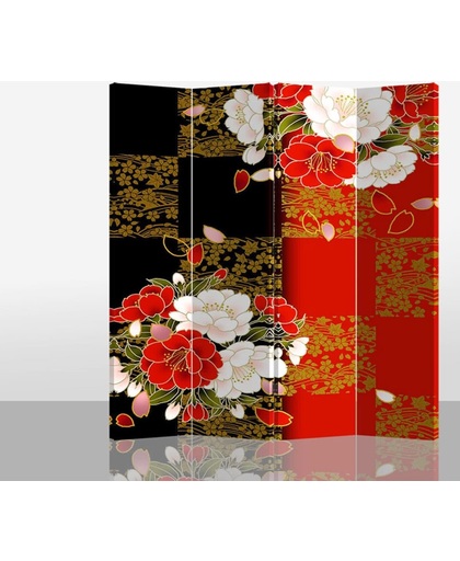 Orientique Kamerscherm 4 Panelen Japanse Stijl Zwart-Rood met Mudan Canvas Room Divider