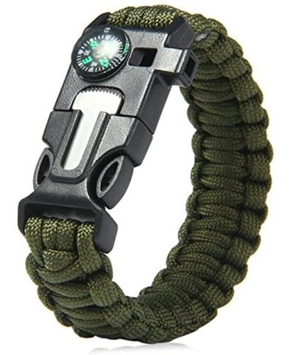 3 in 1 Survival armband met groen paracord, kompas en fluitje