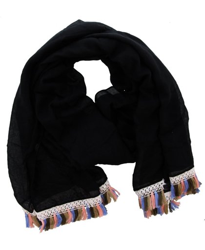 Zwarte sjaal met gekleurde flosjes - Viscose - 180x70 cm -  S004-001 Dielay