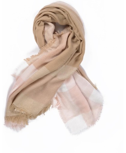 Winter sjaal dames - blanket scarf - oversized sjaal - vierkant - ruit - tartan - roze - beige - blush