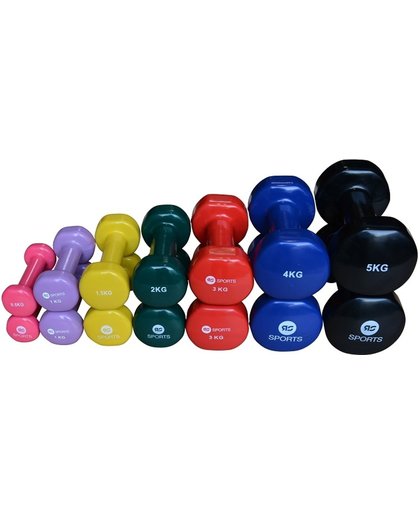 RS Sports Dumbellset Compleet - Dumbells vinyl - Set bestaande uit: 2x 0,5 kg 2x 1,0 kg 2x 1,5 kg 2x 2 kg 2x 3 kg 2x 4 kg en 2x 5 kg - Diverse kleuren