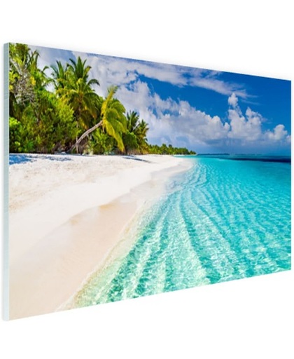 Palmbomen bij wit strand en blauw water Glas 60x40 cm - Foto print op Glas (Plexiglas wanddecoratie)