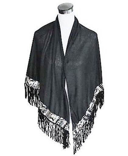 Fashionidea – Mooie warme zwarte sjaal en omslagdoek met goud en zilverkleurige accenten