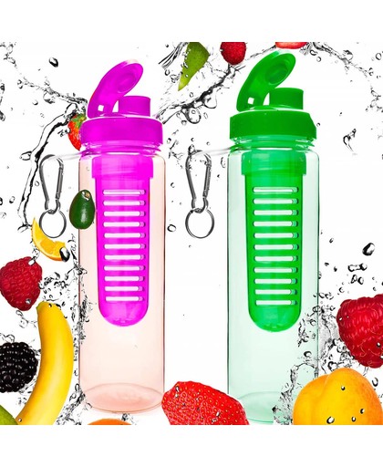 #DoYourFitness - 2x Fruitwater fles - »FruitInfusior« - Fruit infuser voor fruitpunches / groente spritzers - 700ml - roze/groen