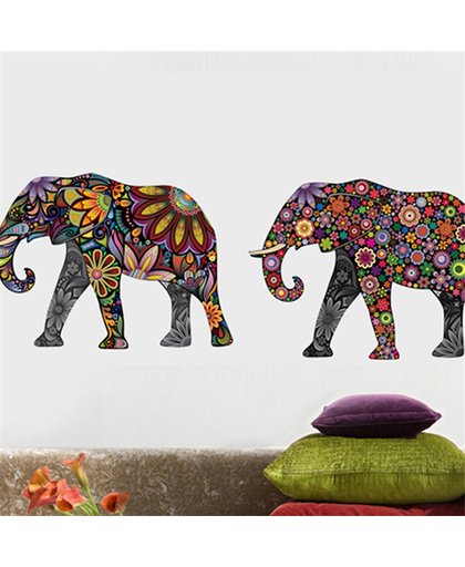 Muursticker met twee kleurrijke olifanten – olifanten muursticker – muursticker olifanten – kleurrijke muursticker – Afmeting L60 x B35 cm