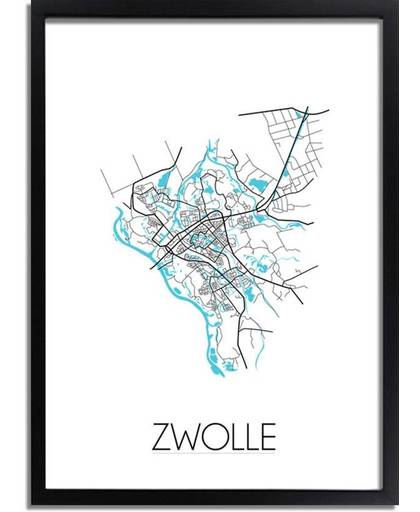 Plattegrond Zwolle Stadskaart poster DesignClaud - Wit - A3 + fotolijst zwart