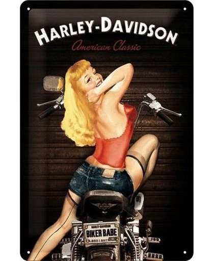 Harley-Davidson American Classic Red Biker Babe Metalen Postcard 10x14 cm