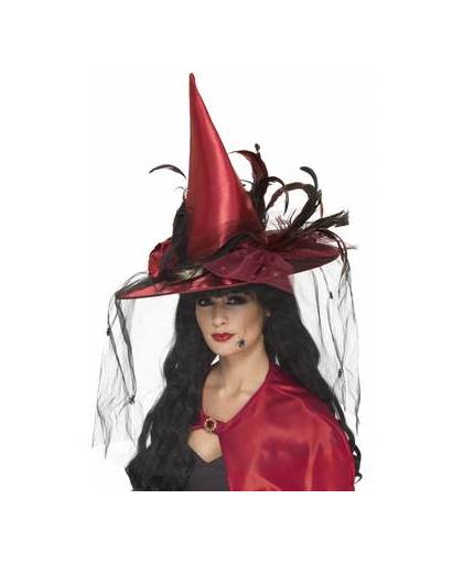 Rode heksen hoed met veren