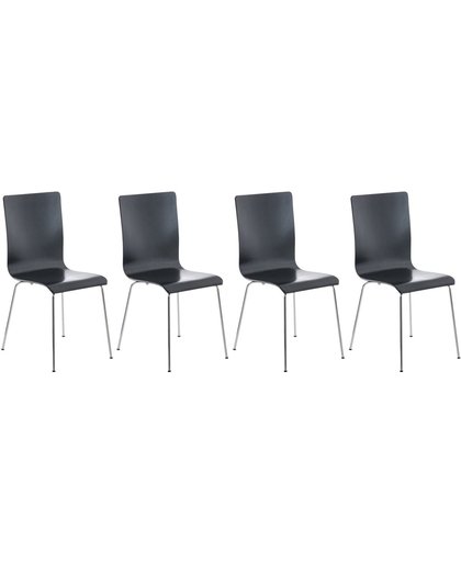 Clp Set van 4 wachtkamerstoelen PEPE, stapelstoelen, bezoekersstoel, stapelbaar, ergonomisch gevormd, robuust, onderhoudsvriendelijk, stevig verchroomd frame met houten zitting - zwart,