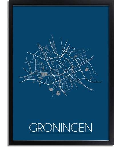 Plattegrond Groningen Stadskaart poster DesignClaud - Blauw - A3 + Fotolijst zwart