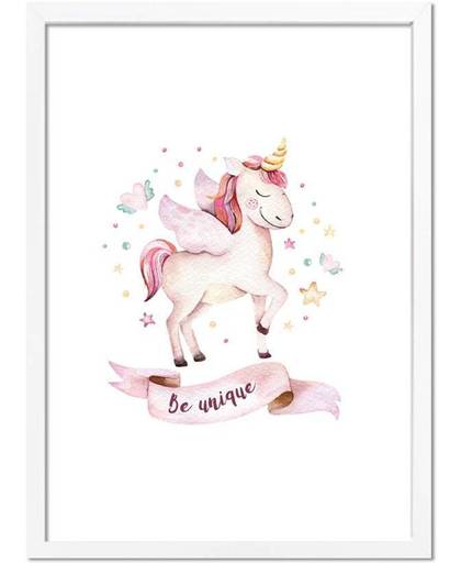 Kinderkamer poster Unicorn / Eenhoorn poster DesignClaud - Roze - A4 + Fotolijst wit