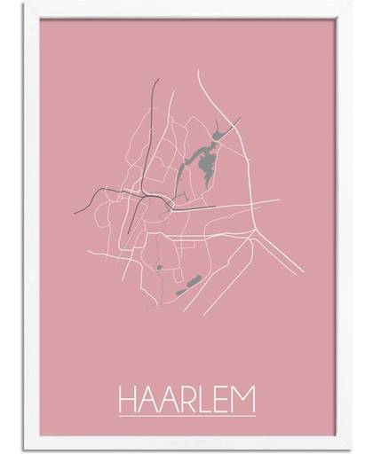 Plattegrond Haarlem Stadskaart Poster DesignClaud - Roze - A3 + fotolijst wit