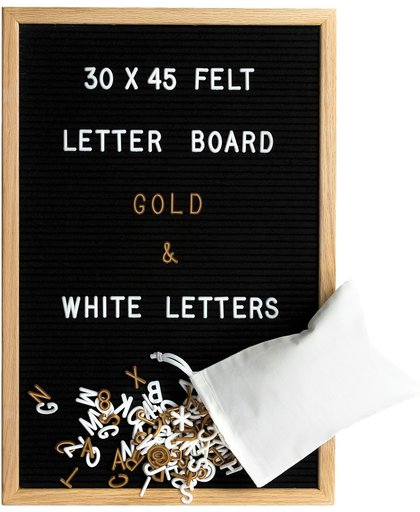 Gadgy® – Houten Letterbord met Zwart vilt, 680 letters/leestekens en getallen (340 Wit én 340 Goud) en Opbergzakjes – Oak letterboard – 30x45cm.