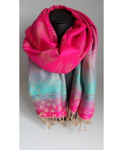 Mooie hippe sjaal van pashmina in de kleuren blauw paars roze creme lengte 180 cm breedte 70 cm.