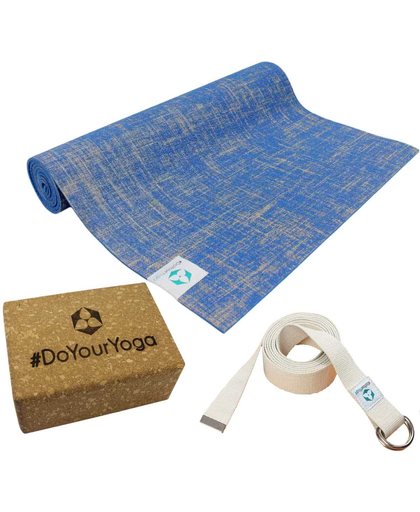#DoYourYoga - Yogaset - Yogamat van Jute/PVC 183x61x0,5cm (blauw) - yogariem/yogabelt - kurken yogablok - blauw