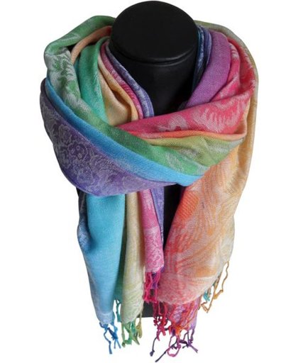 Mooie hippe sjaal van pshmina mix kleuren versierd met pauwen en bloemen lengte 180 cm breedte 70 cm.