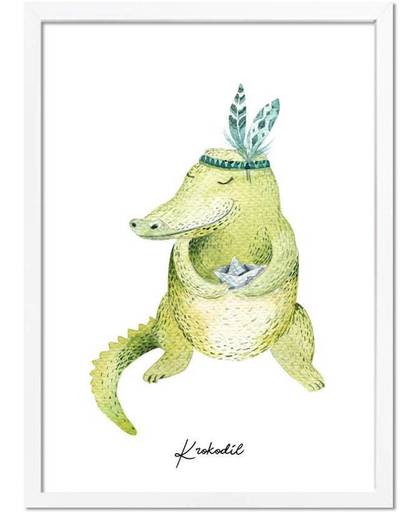 Kinderkamer poster Krokodil DesignClaud - Waterverf stijl - A3 + Fotolijst wit