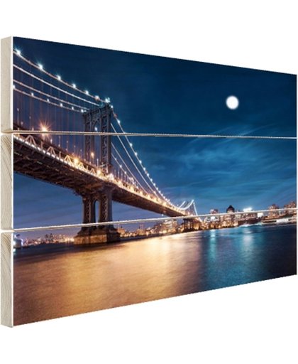 Maanlicht over de brug van Manhattan Hout 80x60 cm - Foto print op Hout (Wanddecoratie)