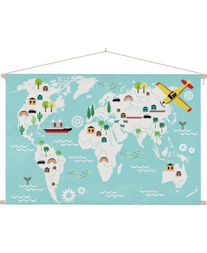 Wereldkaart Voor de allerkleinste  60x40 cm platte latten - Afgedrukt op Textielposter / Schoolplaat