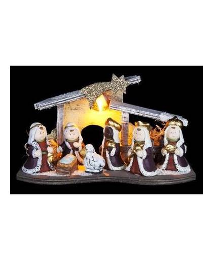 Lichtgevende kerststalletje inclusief 5 kerststal figuurtjes van keramiek - 26 x 12 x 16 cm