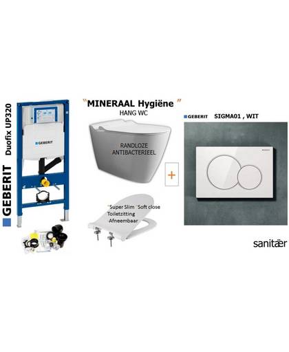 Aanbieding ! Geberit up320 duofix & Sanitear Mineraal Antibacterieel wandcloset toiletset aanbieding