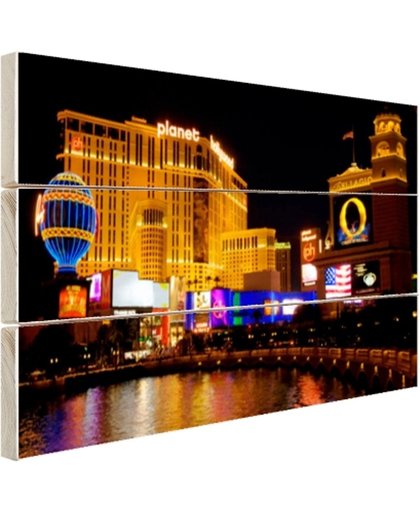 Fraai verlichte gebouwen Las Vegas Hout 30x20 cm - Foto print op Hout (Wanddecoratie)