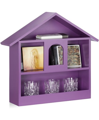 relaxdays wandplank huisvorm - wandboard - MDF - 3 vakken - verzamelkast - vitrine - hout violet