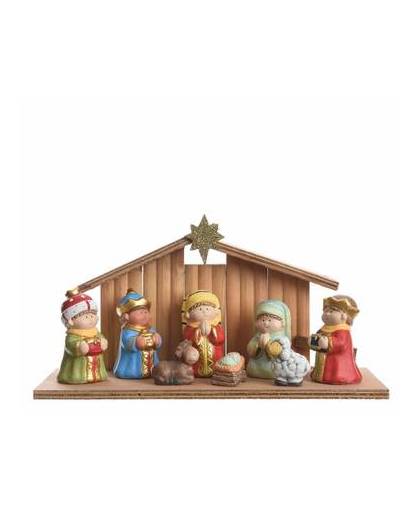 Kerststal inclusief 7 kerststalletje figuren van keramiek - 11 x 30 x 16,5 cm - kerststalletjes